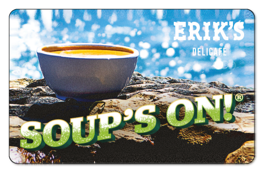 Eriks Delicafe logo and decorative Soups on text over a background image of a bowl of soup.